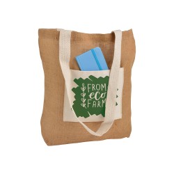 Shopper avec soufflet à la base en Jute avec anses et poche externe (18 x 15 cm) en coton 