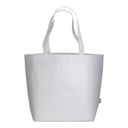 Shopper en R-PET laminé avec soufflet à la base - longues poignées en polyester 