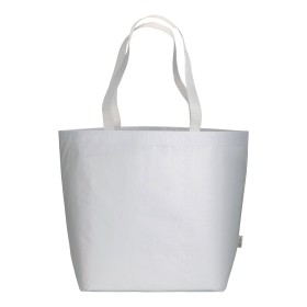 Shopper en R-PET laminé avec soufflet à la base - longues poignées en polyester 