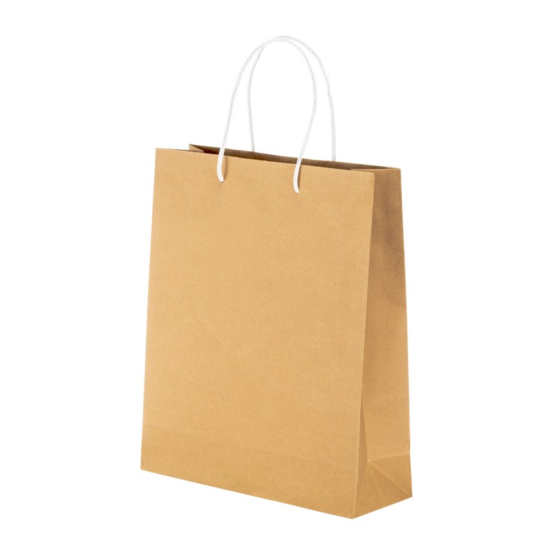 Sac en papier recyclé naturel de 150 g/m2 avec soufflet et poignées courtes colorées 
