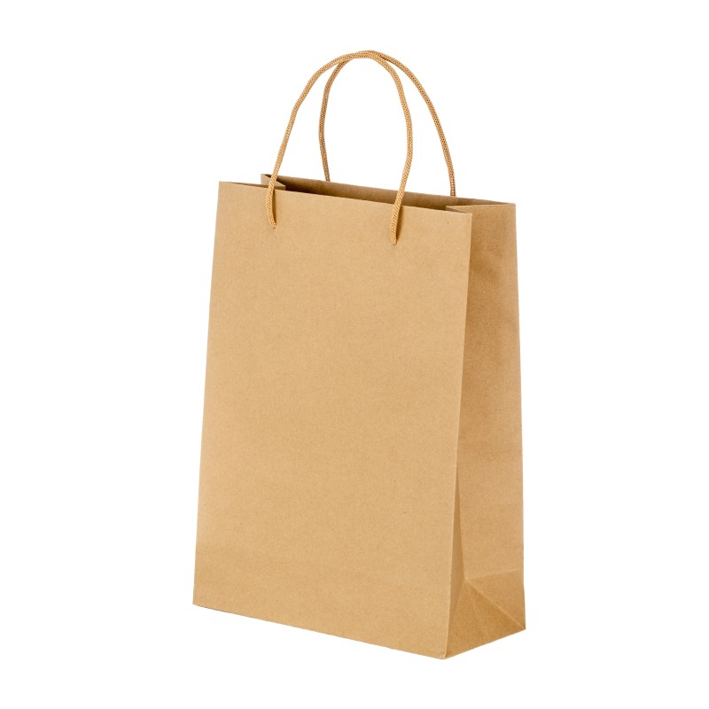 Sac en papier recyclé naturel de 150 g/m2 avec soufflet et poignées courtes colorées 