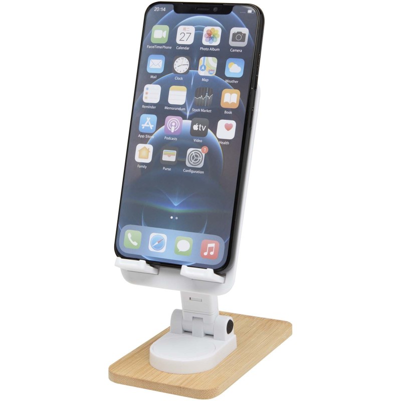 Support de téléphone de bureau Alfirk pliable en plastique recyclé avec détails en bambouCouleur:Blanc