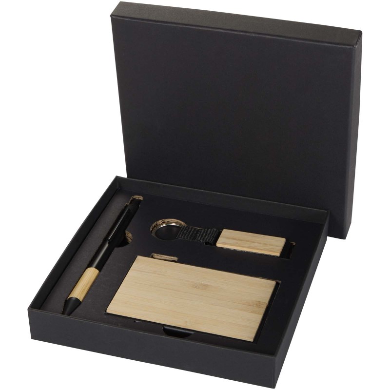 Ensemble cadeau Minka avec stylo bille en aluminium recyclé RCS, porte-clés et porte-cartes RFIDCouleur:Naturel Noir