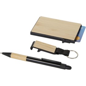 Ensemble cadeau Minka avec stylo bille en aluminium recyclé RCS, porte-clés et porte-cartes RFIDCouleur:Naturel Noir