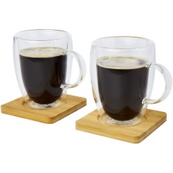 Tasse 2 pièces Manti de 350 ml à double paroi en verre avec sous-verre en bambouCouleur:Translucide / Naturel