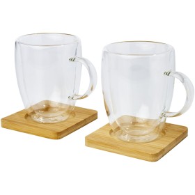 Tasse 2 pièces Manti de 350 ml à double paroi en verre avec sous-verre en bambouCouleur:Translucide / Naturel