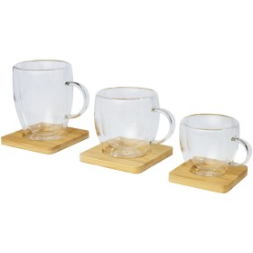 Tasse 2 pièces Manti de 350 ml à double paroi en verre avec sous-verre en bambouCouleur:Translucide / Naturel