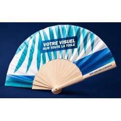 Éventail publicitaire personnalisé en bois avec impression couleur
