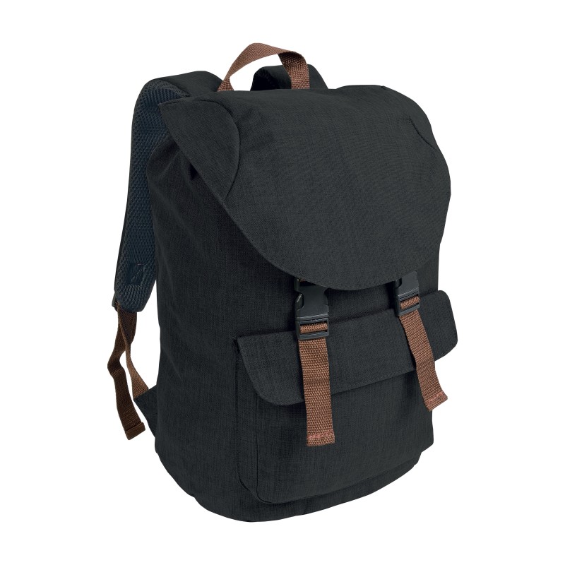 Sac à dos en polyester bicolore effet mélangé avec 2 poches. Dos rembourré 