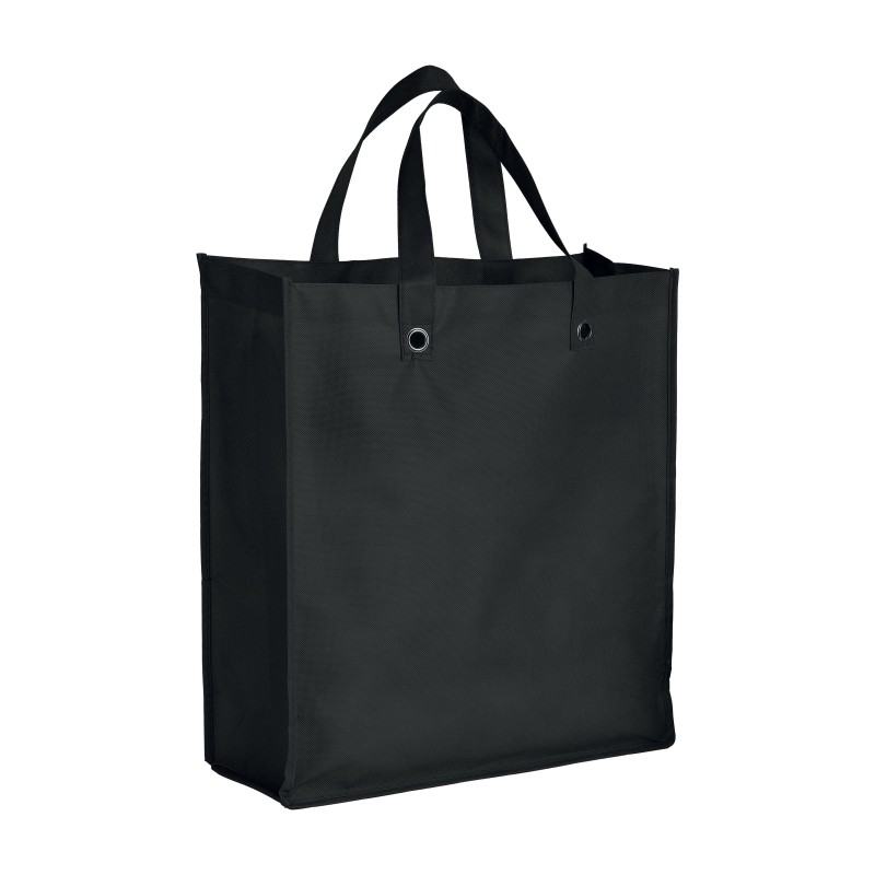 Shopper pliable avec soufflet en TNT 80g/m2 cousu, anses courtes 