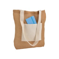Shopper avec soufflet à la base en Jute avec anses et poche externe (18 x 15 cm) en coton 