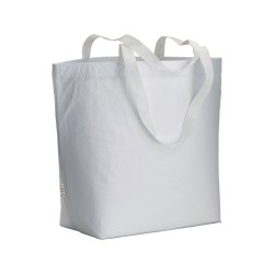 Shopper en R-PET laminé avec soufflet à la base - longues poignées en polyester 