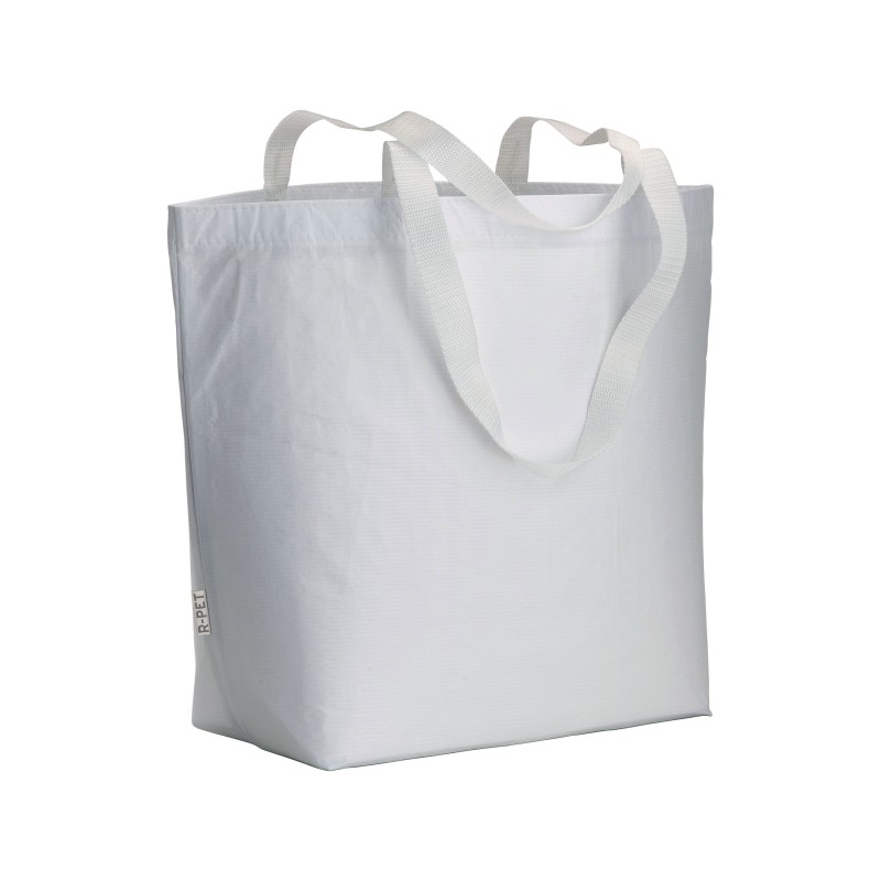 Shopper en R-PET laminé avec soufflet à la base - longues poignées en polyester 