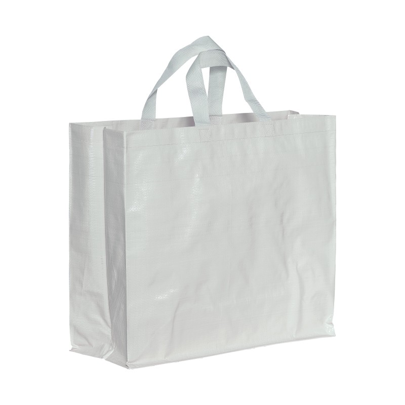 Shopper avec soufflet en PP laminé 120g/m2, anses courtes en ruban 