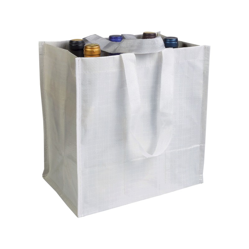 Shopper porte-bouteilles (6) en PP laminé 120g/m2, anses courtes en ruban 